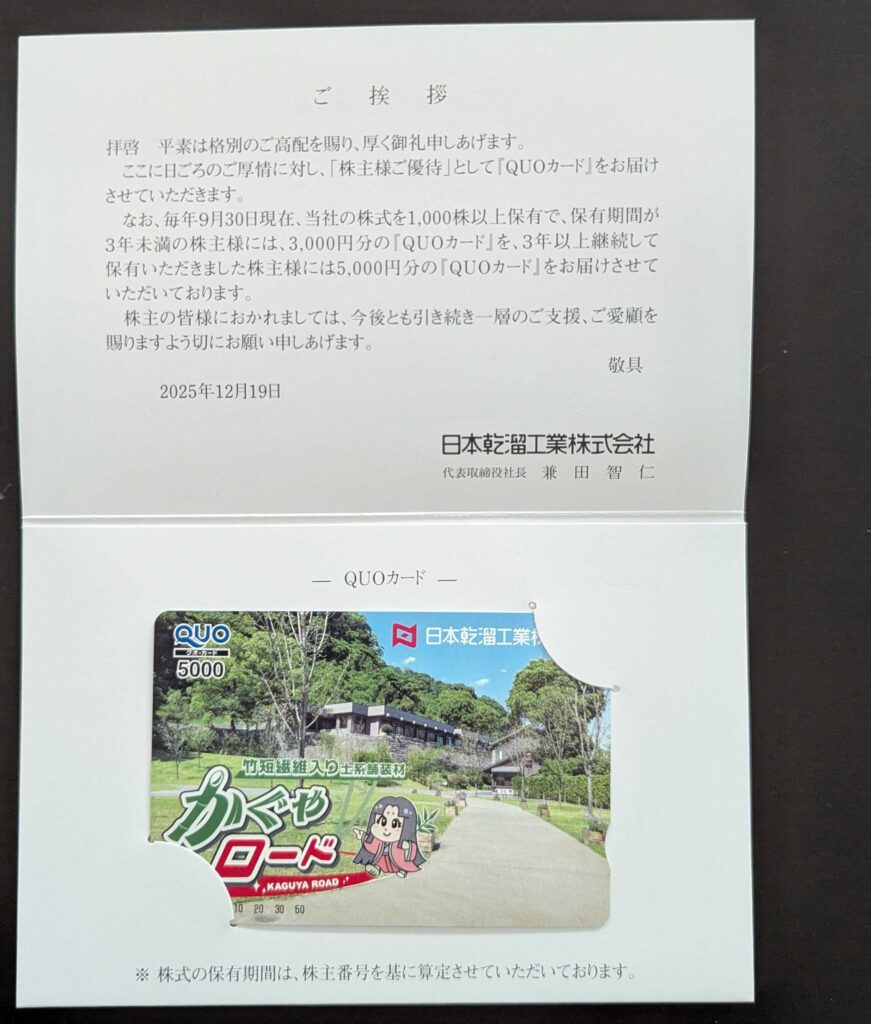 1771　日本乾溜工業　株主優待　9月優待　クオカード