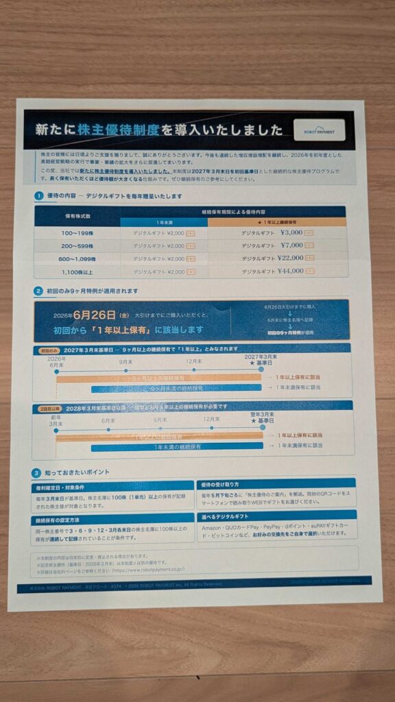 4374　Robot Payment　株主優待　3月優待　新設される優待制度の案内