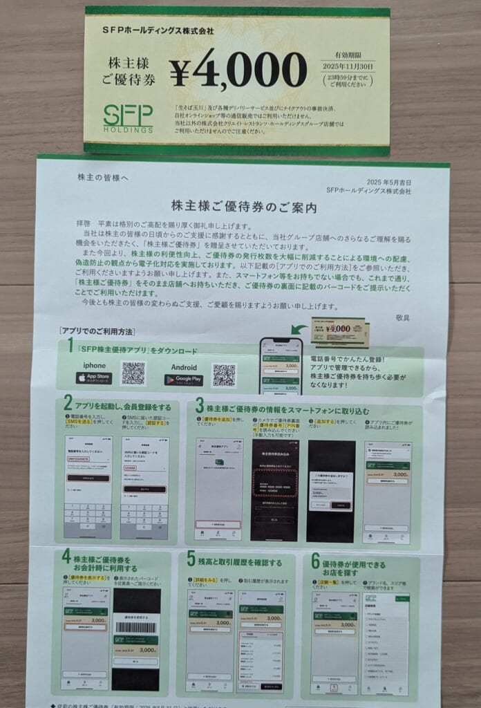 3198 SFPホールディングス 株主優待 2月優待 4,000円の株主様ご優待券と専用アプリの利用案内