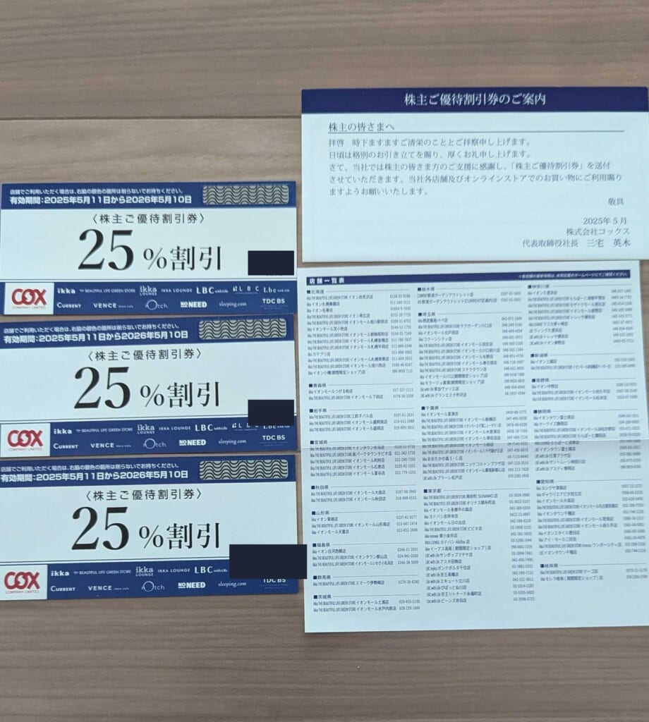 9876 コックス 株主優待 2月優待 25%割引券3枚と店舗一覧表