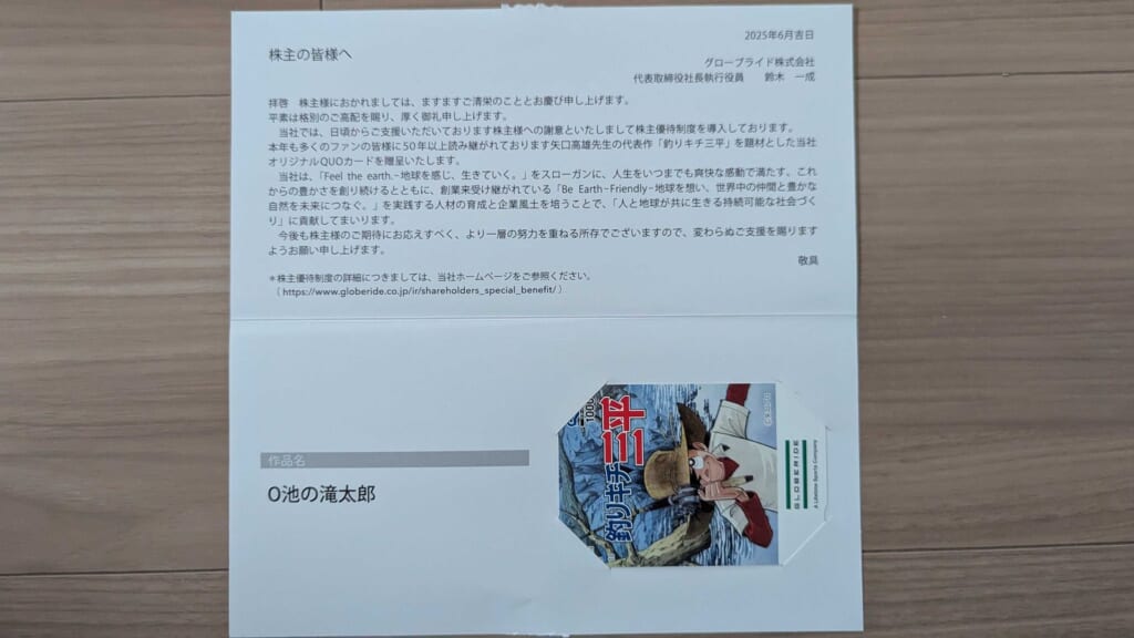 7990　グローブライド　株主優待　3月優待　釣りキチ三平のオリジナルQUOカード1,000円分