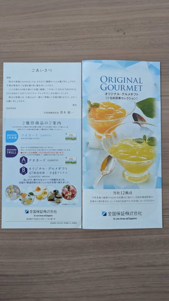 7164 全国保証 株主優待 3月優待 ORIGINAL GOURMETのカタログギフトとご挨拶