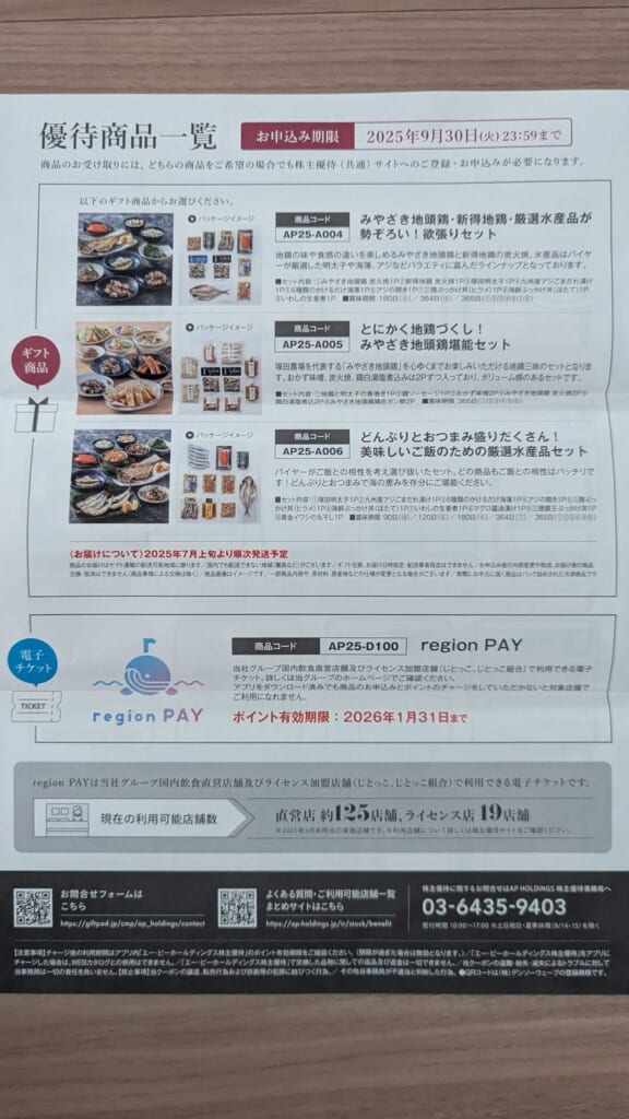 3175　エー・ピーホールディングス　株主優待　3月優待　ギフト商品3種類とregion PAYの優待商品一覧