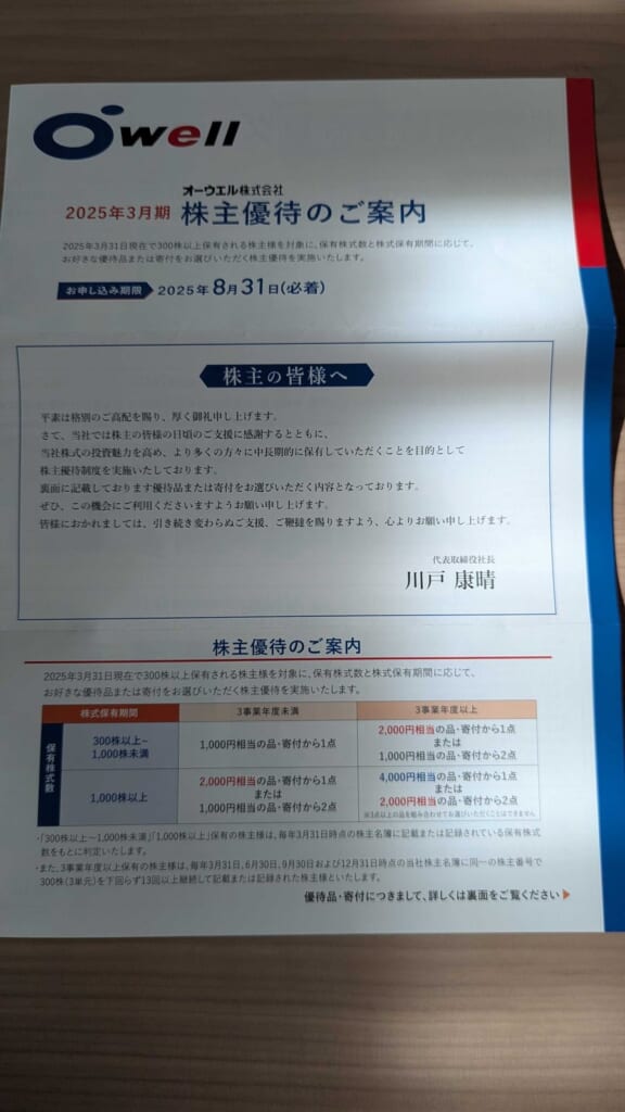 7670　オーウエル　株主優待　3月優待　オーウエル株主優待のご案内と優待基準
