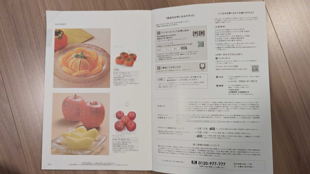 6262　PEGASUS　株主優待　3月優待　カタログに載ったサンふじりんごなどの果物のページ