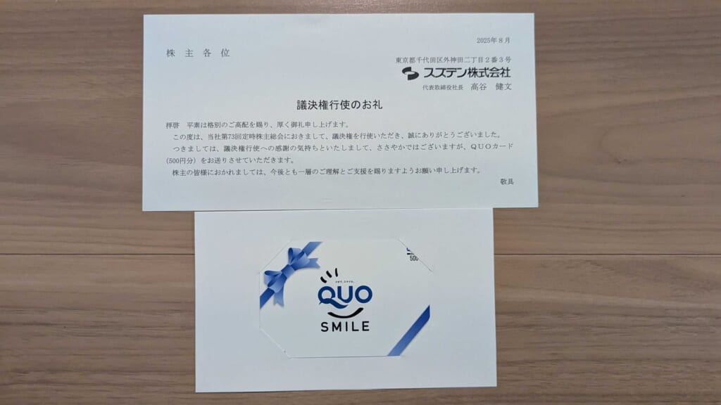 7480 スズデン 議決権行使返礼品 議決権行使のお礼の文書とQUOカード500円分